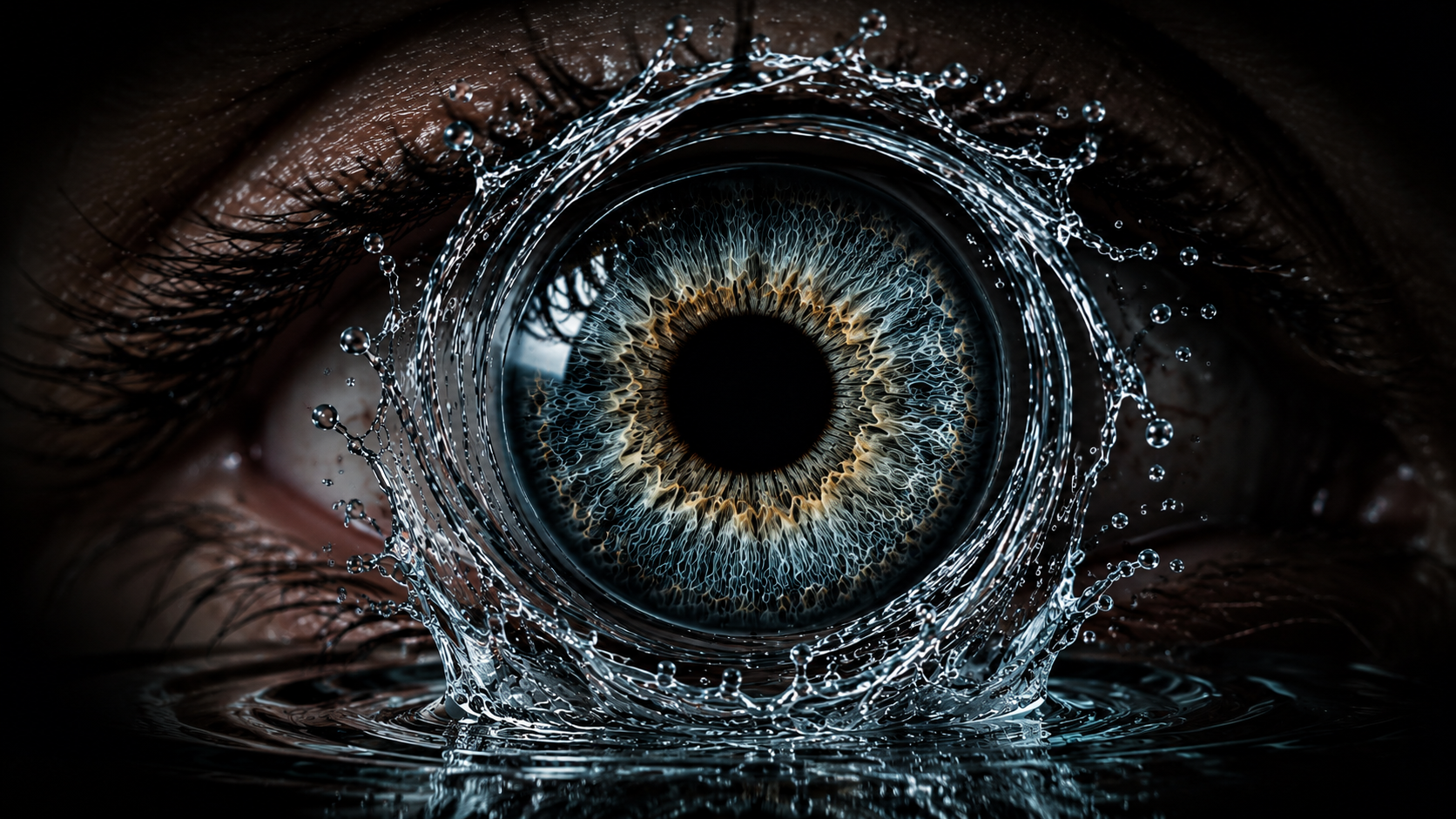 Macro photograph of an eye surrounded by a crown of water