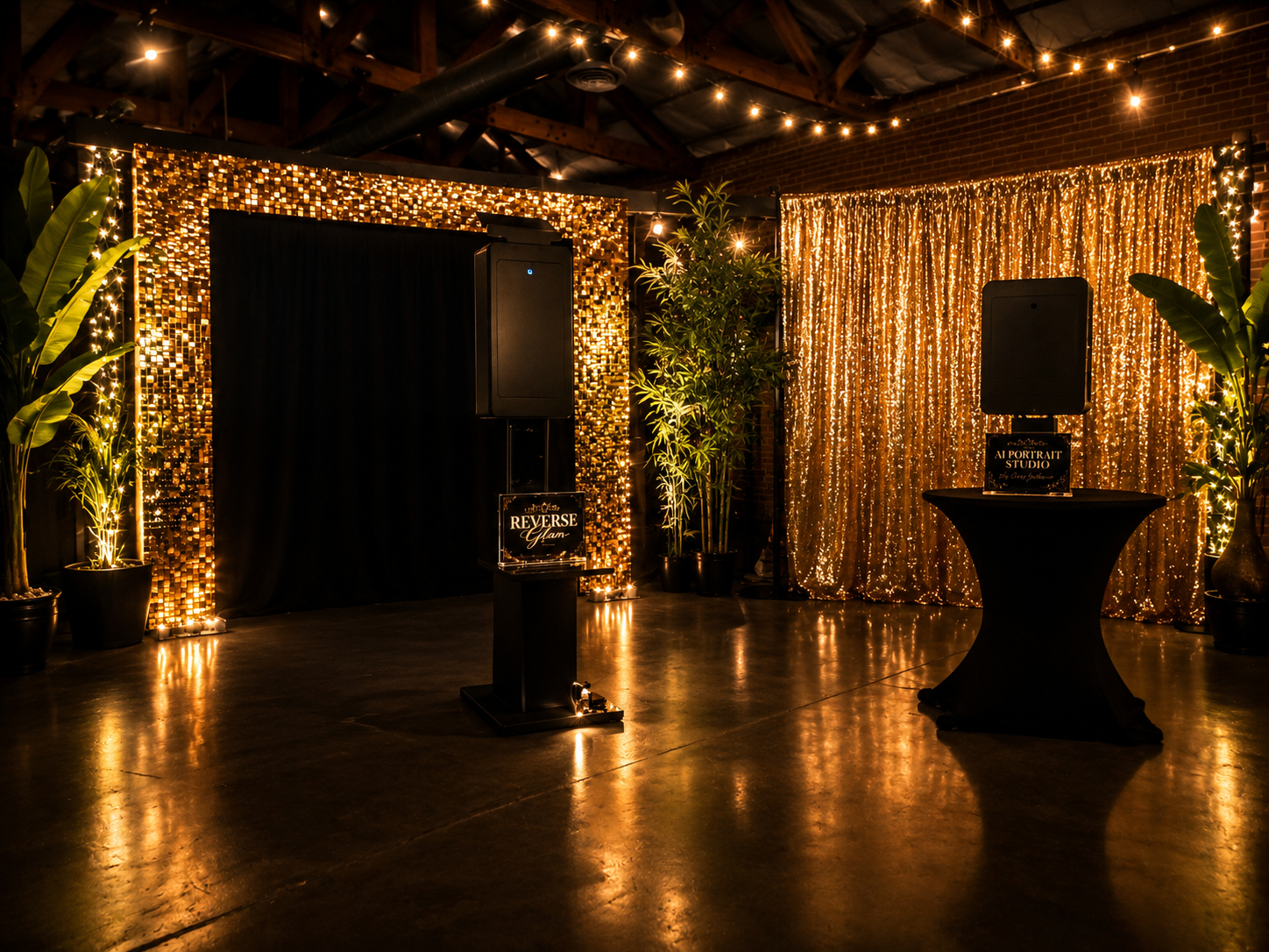 Reverse Glam and AI Portrait Studio booths with gold sequin backdrops under warm string lights