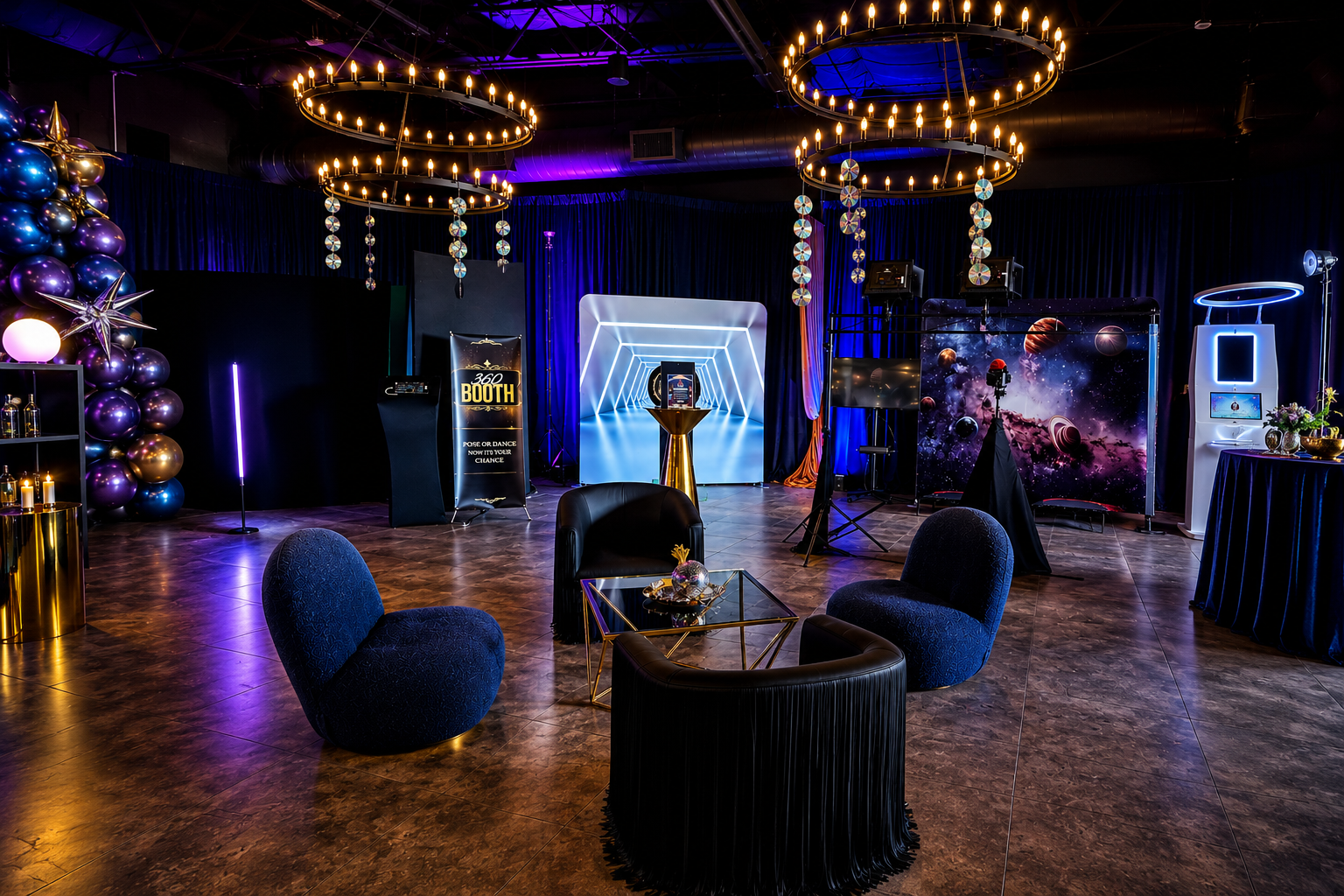 Elegant lounge activation with 360 booth, chandeliers, velvet drapery and cosmic backdrop